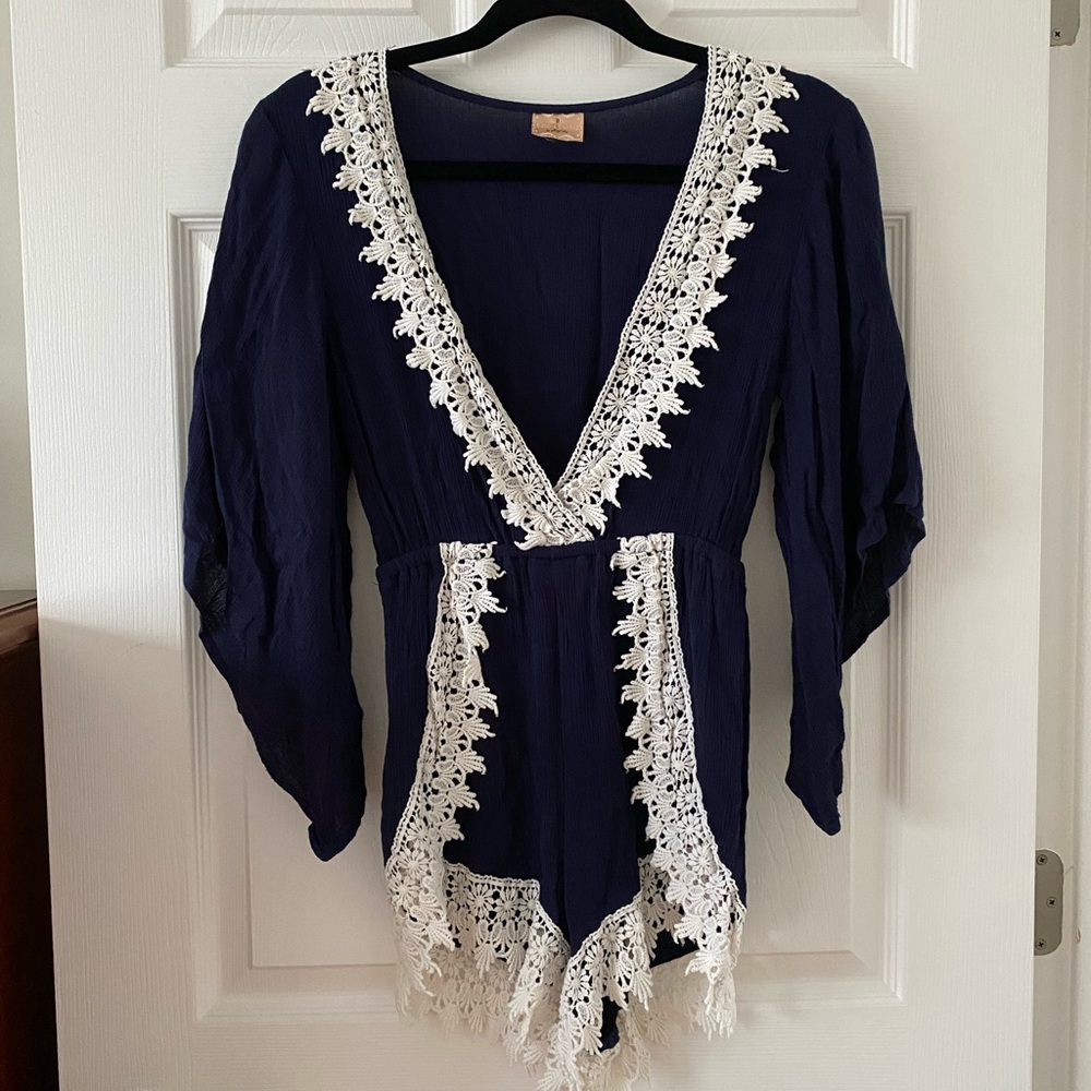 Chic Navy Romper with Lace Detail